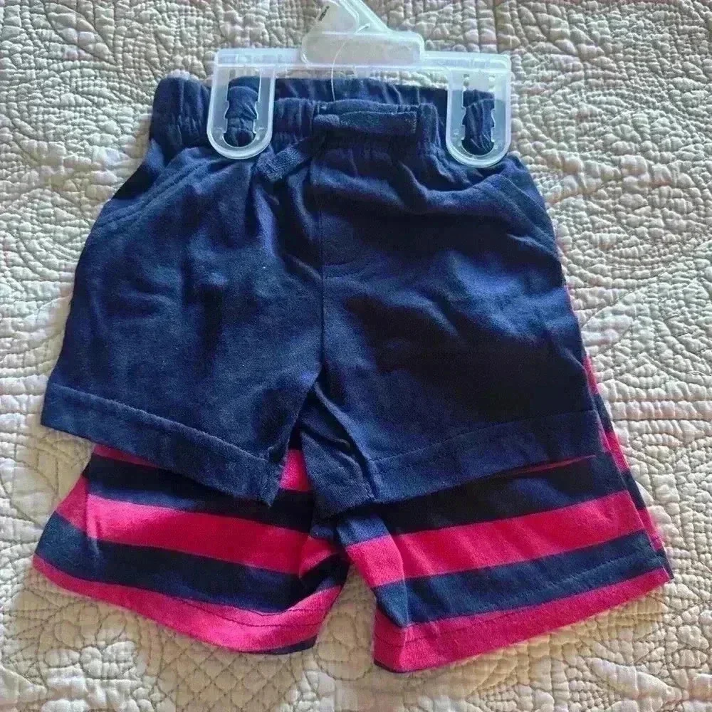 Bundles Baby Pack of 2 100% Cotton Baby Shorts - 0-3M Navy Blue and Red Stripe